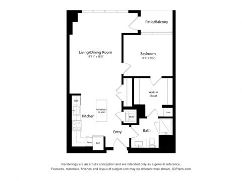 Floor plan for 1 bed, 1 bath, 738 sqft